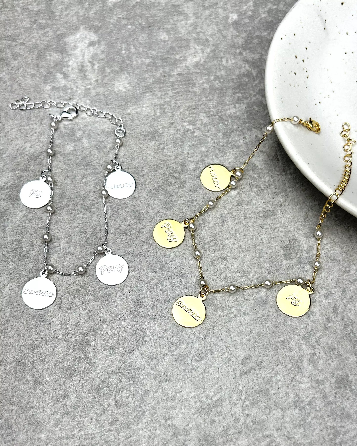 Pearl Chain Bracelet with Positive Charm Medals - Gold