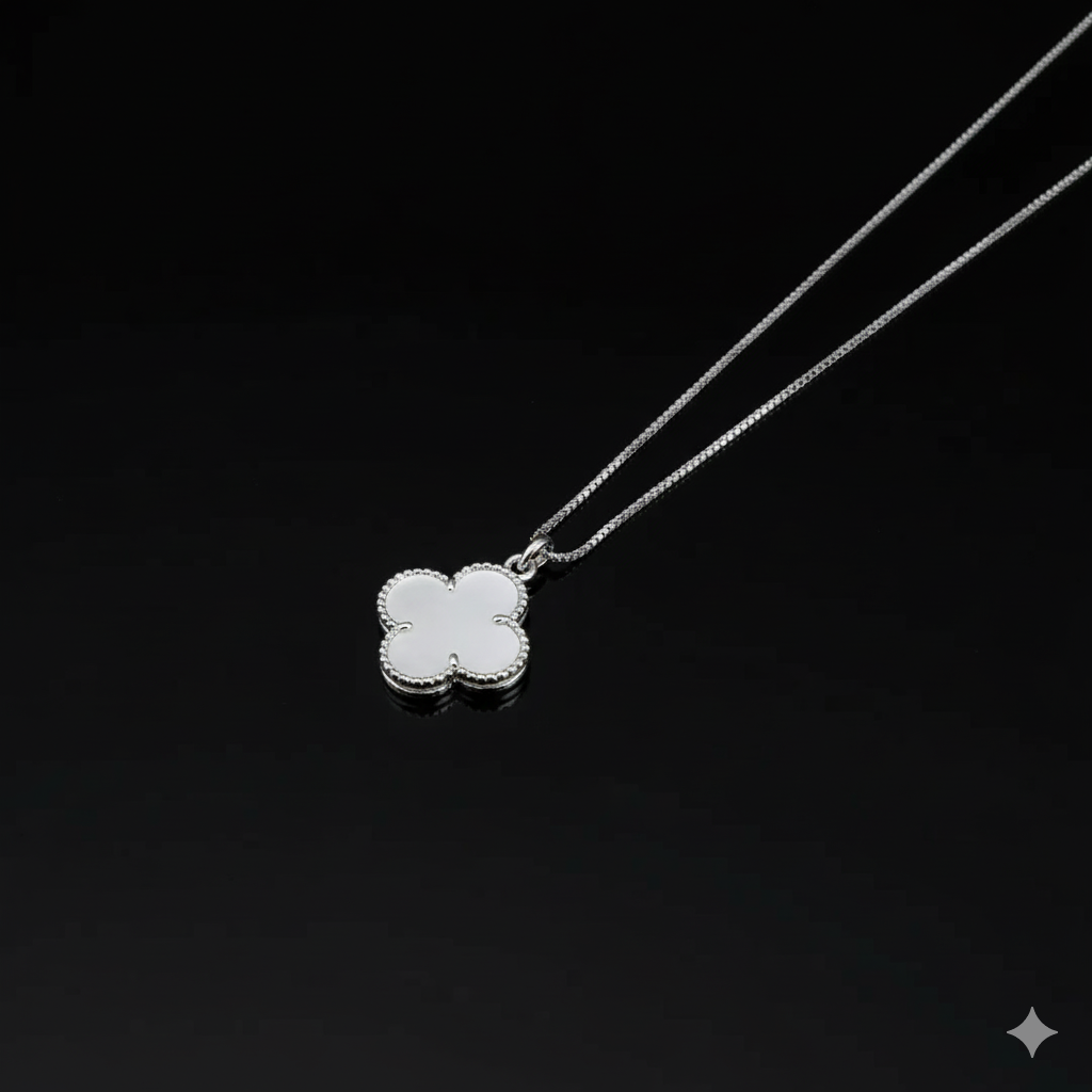 Medium Necklace with White Stone Clover Pendant - Silver
