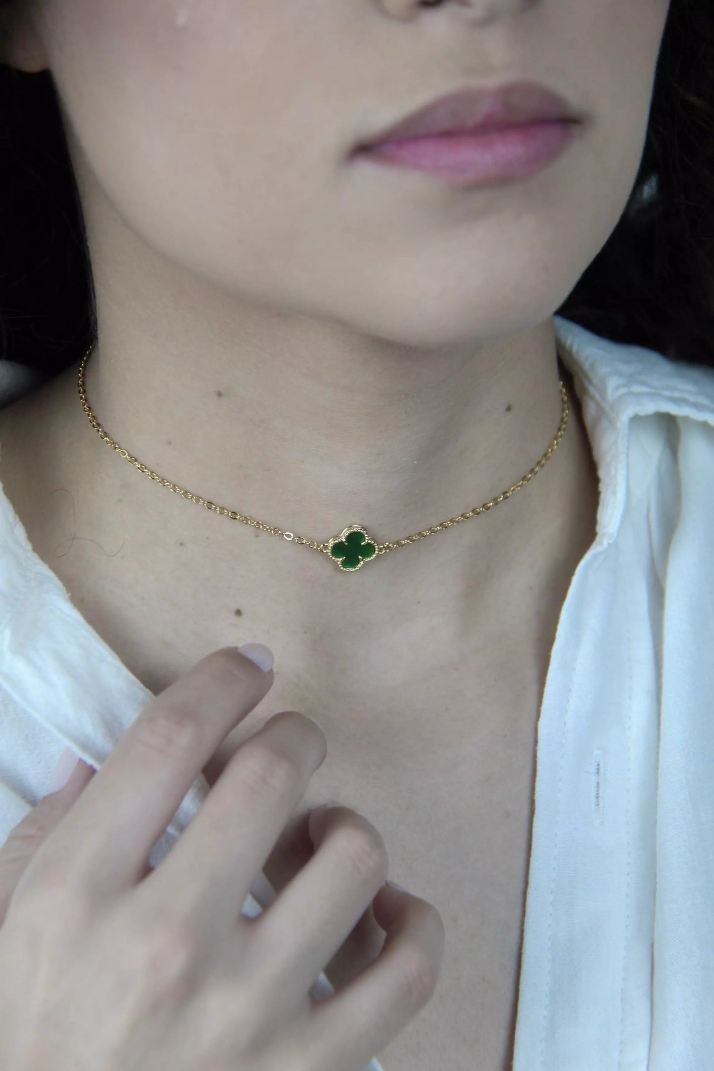 Green Clover Choker Necklace - Gold