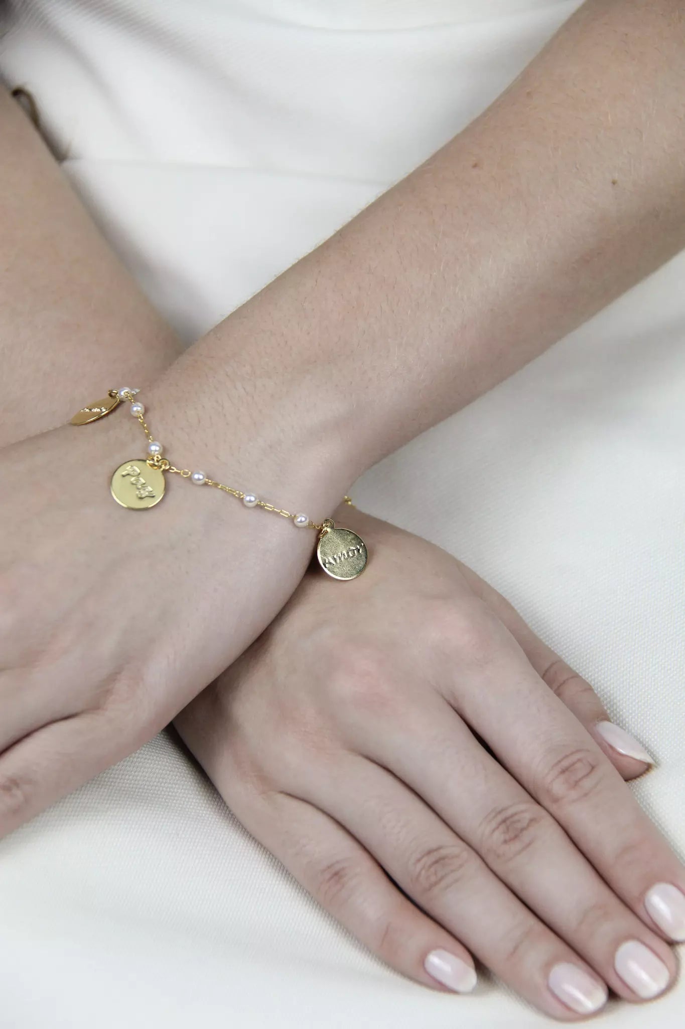 Pearl Chain Bracelet with Positive Charm Medals - Gold
