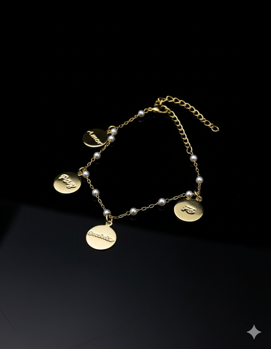 Pearl Chain Bracelet with Positive Charm Medals - Gold