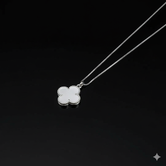 Medium Necklace with White Stone Clover Pendant - Silver